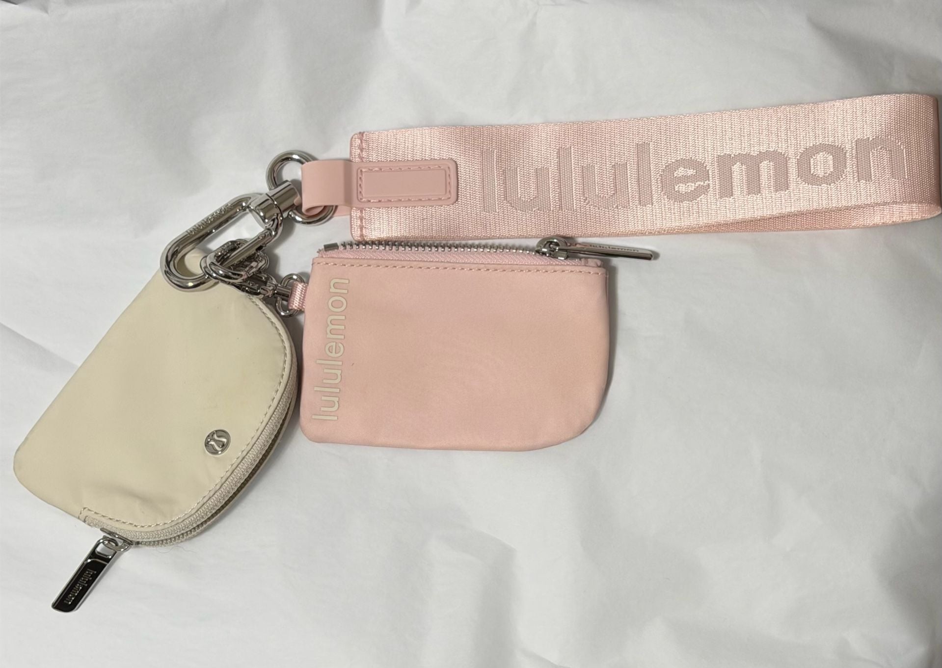 Lululemon Dual Pouch Wristlet Metallic Wordmark Pink Pastel White Opal 4