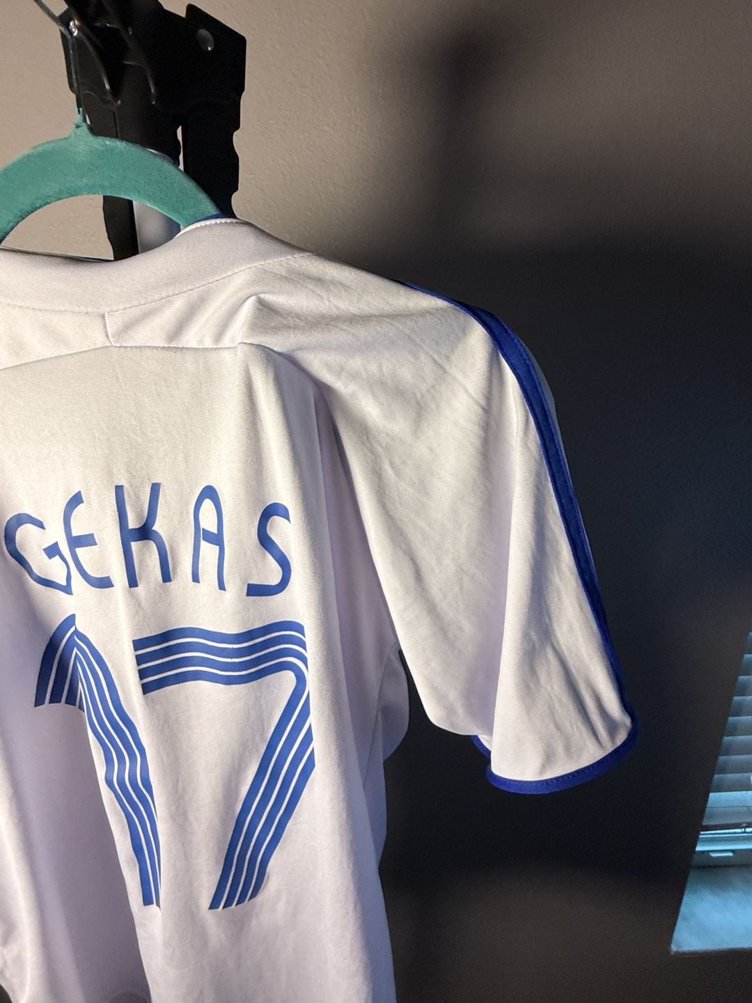 LB Sports Wear Greece Gekas 17 Soccer Jersey Size 10 White Blue 7