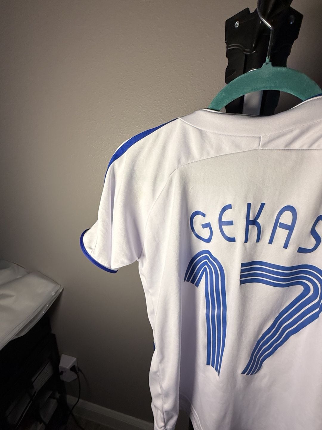 LB Sports Wear Greece Gekas 17 Soccer Jersey Size 10 White Blue 8