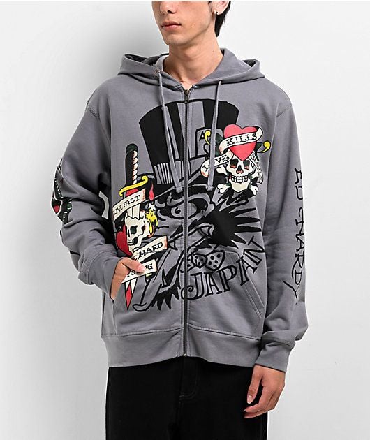 Ed Hardy Zip Up Hoodie Size M Grey Graphic Love Kills Slowly #73 2