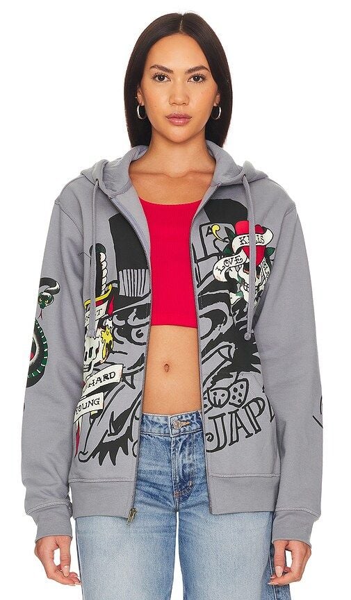 Ed Hardy Zip Up Hoodie Size M Grey Graphic Love Kills Slowly #73 3