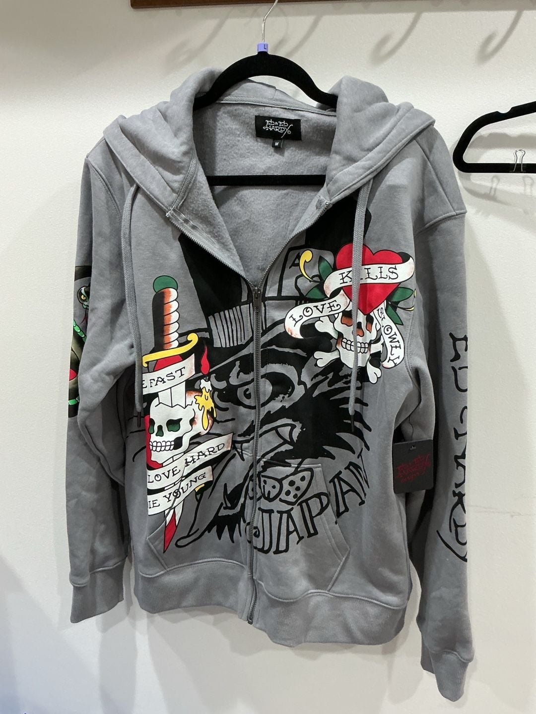 Ed Hardy Zip Up Hoodie Size M Grey Graphic Love Kills Slowly #73 4