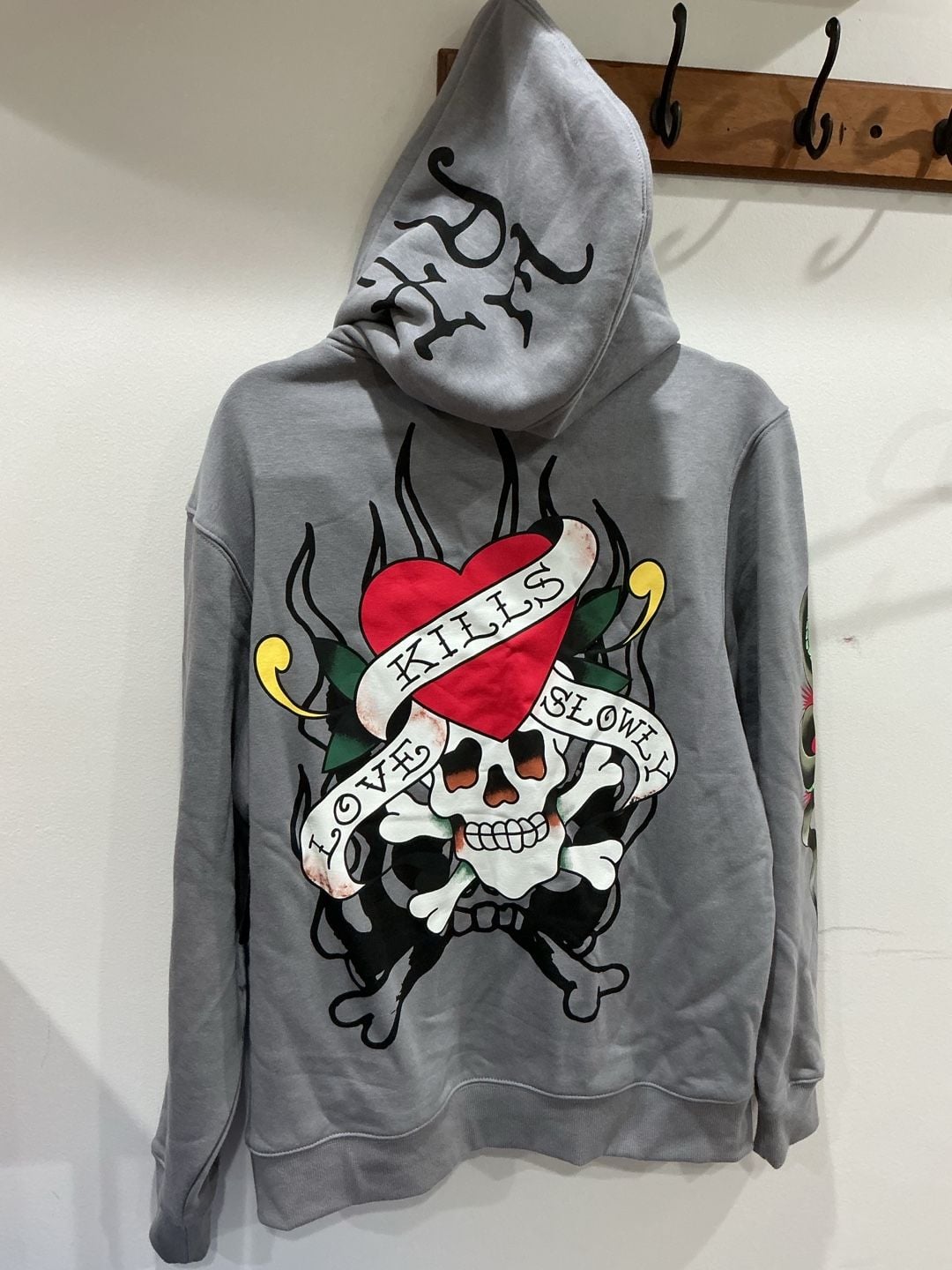 Ed Hardy Zip Up Hoodie Size M Grey Graphic Love Kills Slowly #73 5