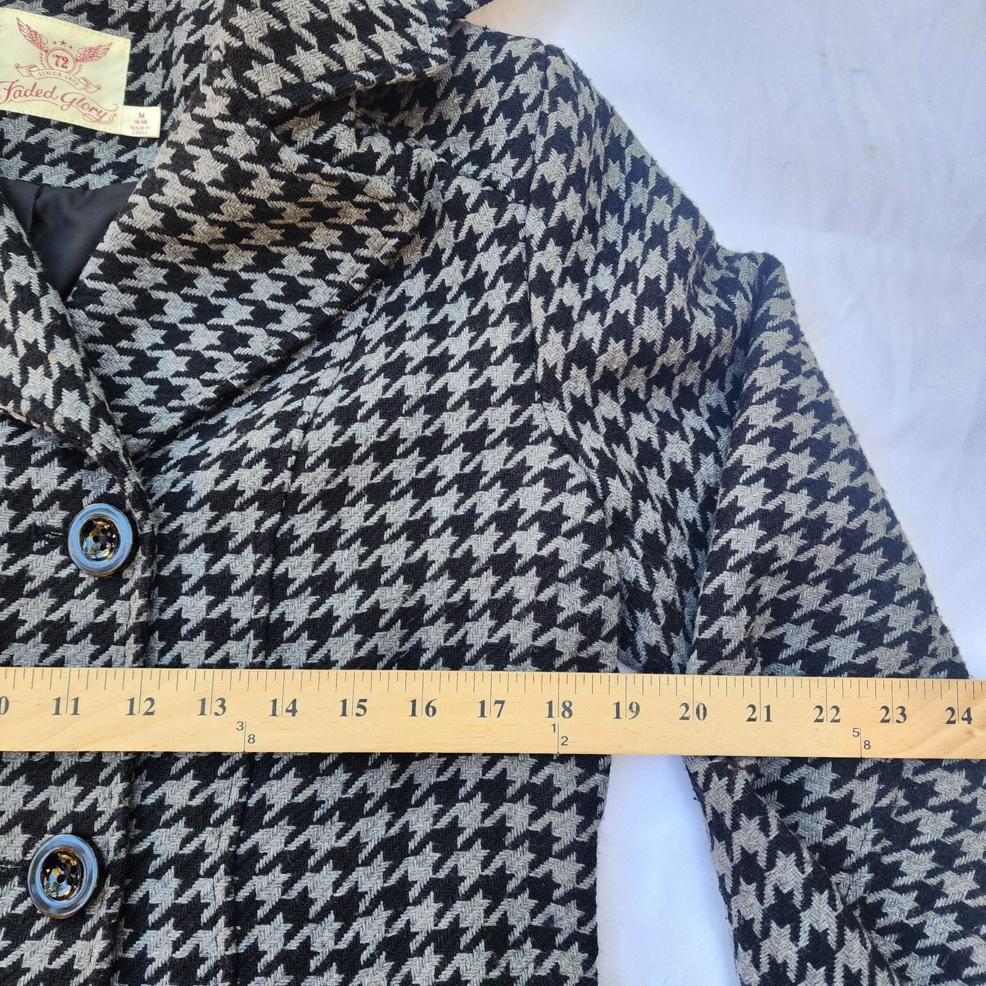 Faded Glory Houndstooth Pea Coat Size M Black White Wool Blend Jacket 7