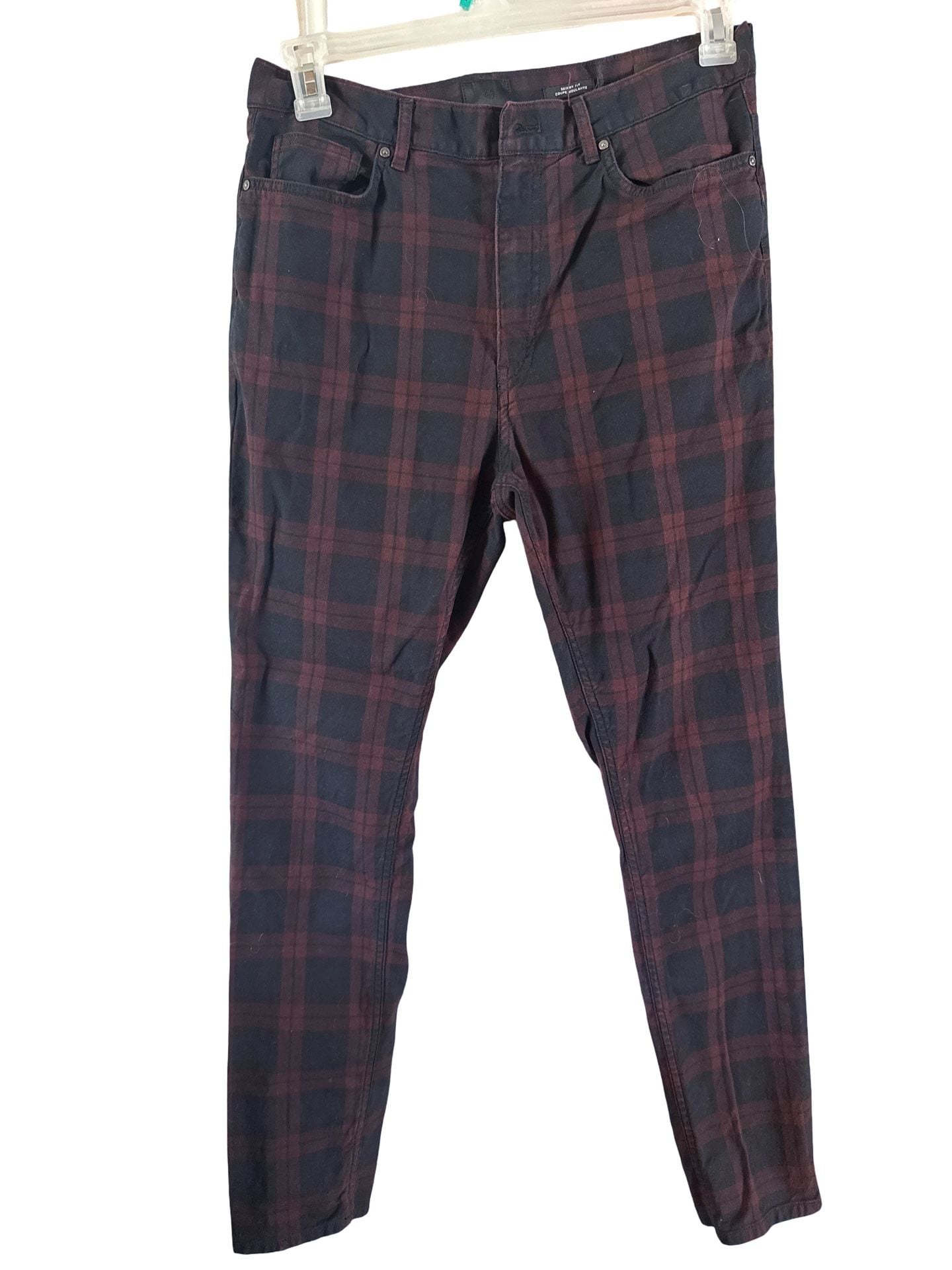 H&M Skinny Fit Plaid Pants Size 32 Black Burgundy Tartan 2