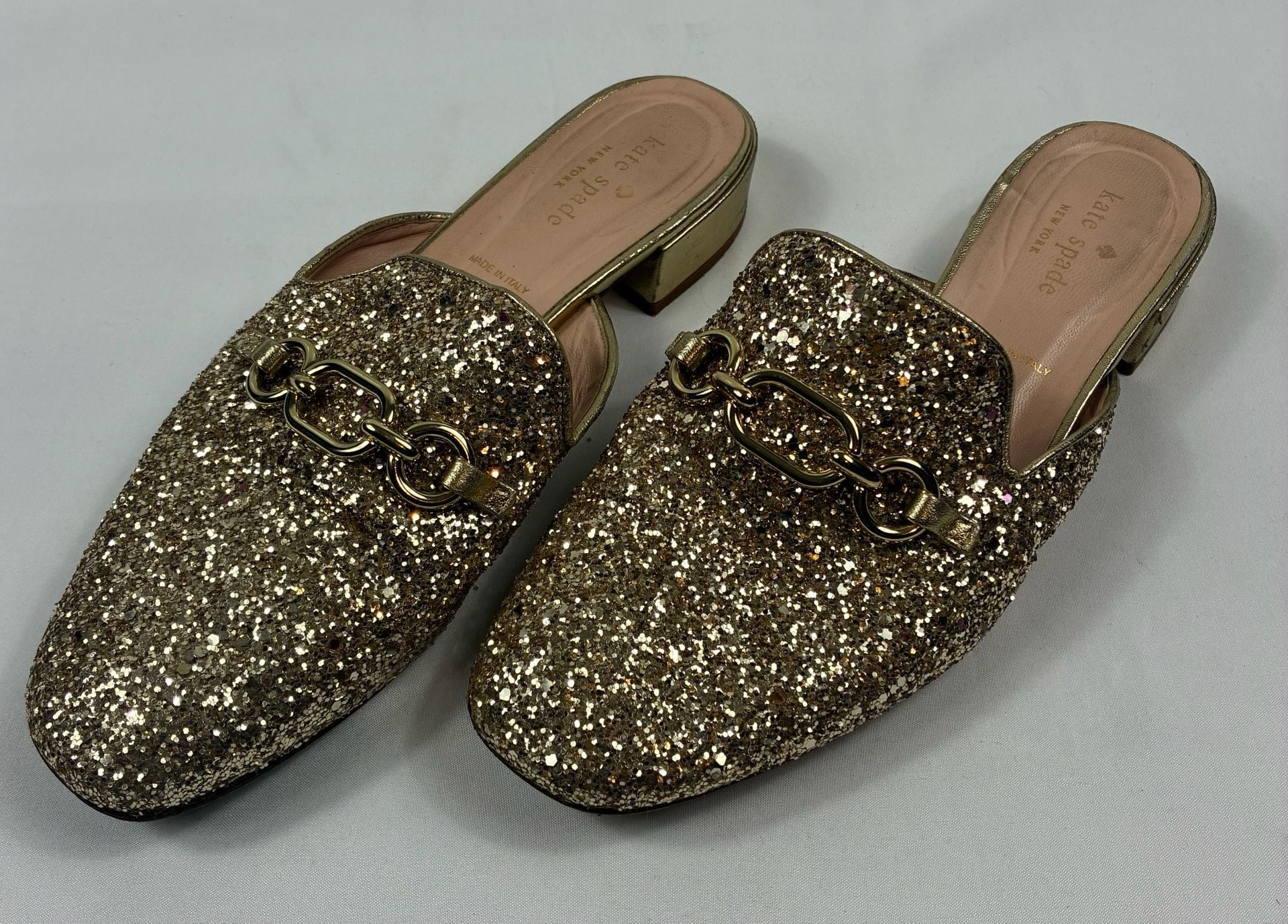 Kate Spade Glendi Mules Size 8 M Gold Glitter Chain Loafer Shoes 2