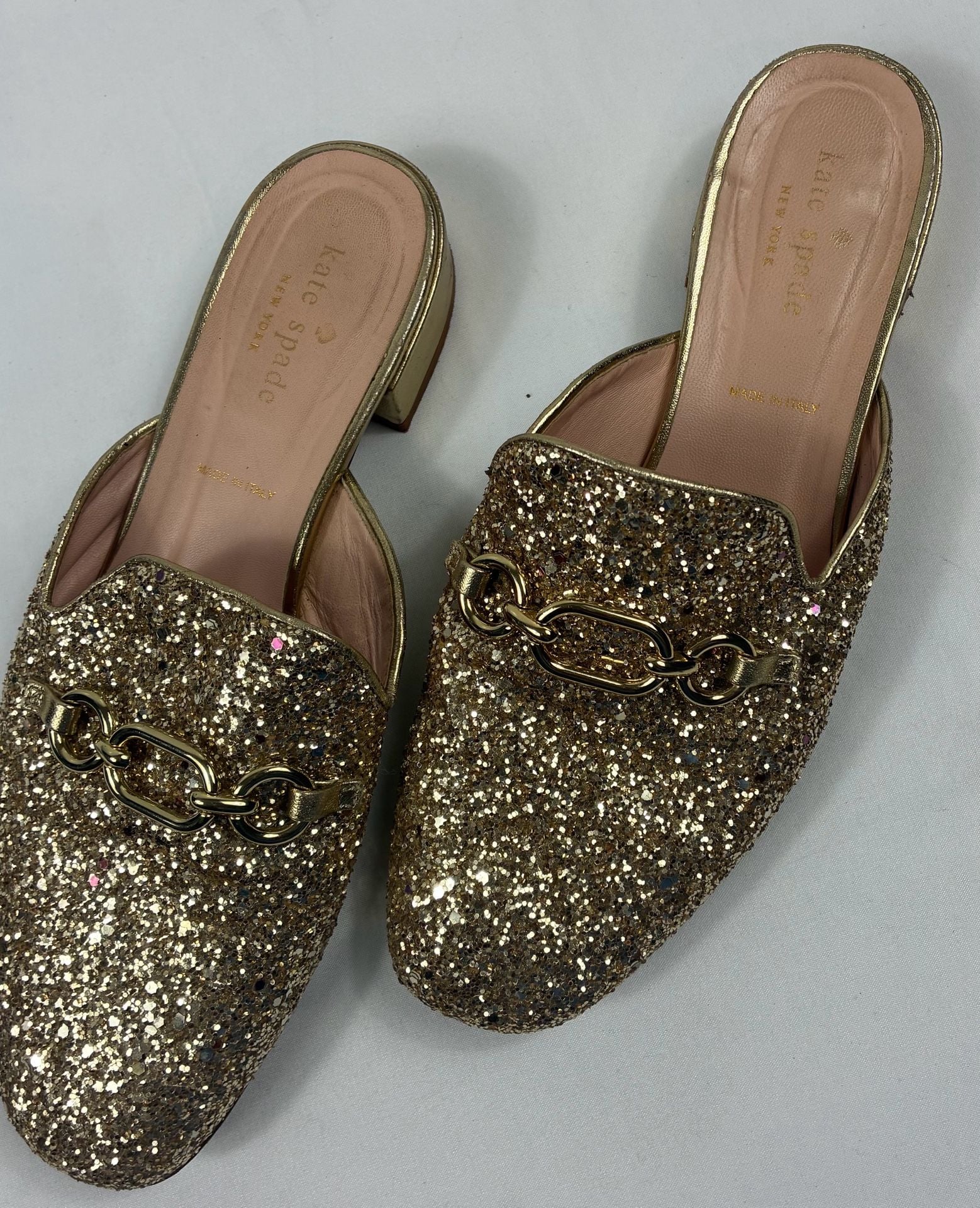 Kate Spade Glendi Mules Size 8 M Gold Glitter Chain Loafer Shoes 3