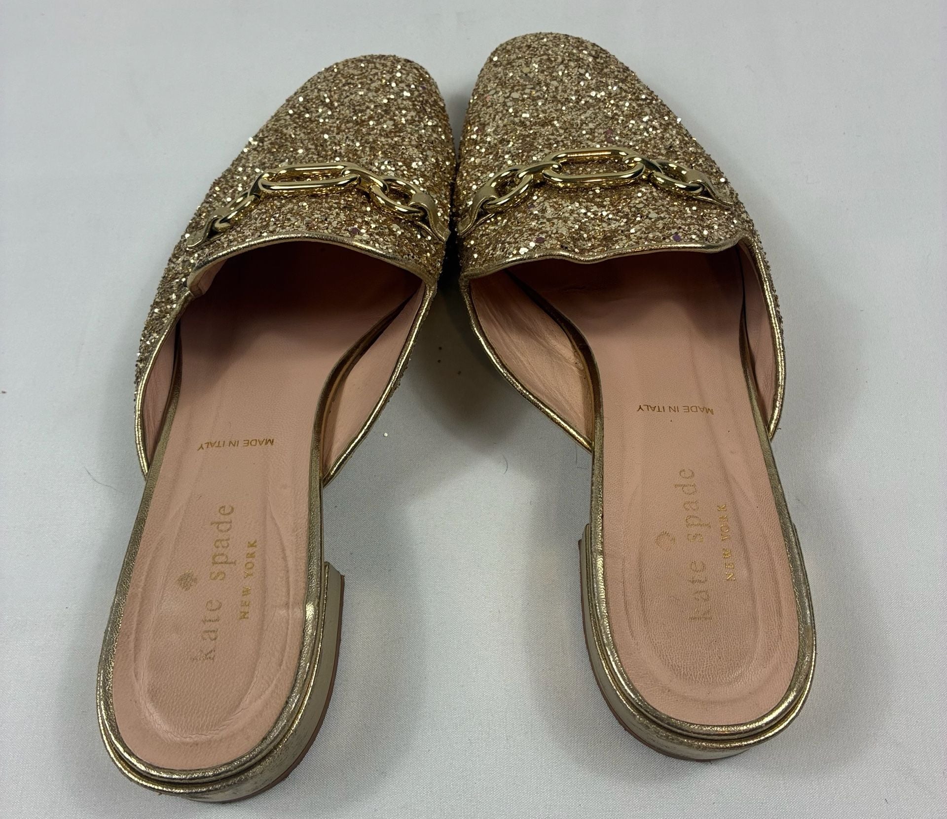 Kate Spade Glendi Mules Size 8 M Gold Glitter Chain Loafer Shoes 4