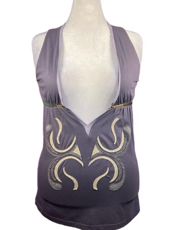 Custo Barcelona Y2K Vintage Graphic V Neck Top Gold Silver Size 4 L NWT 8