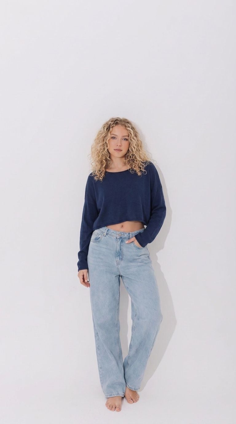 John Galt California Navy Crop Sweater One Size Blue Cotton Knit Scoop Neck 2