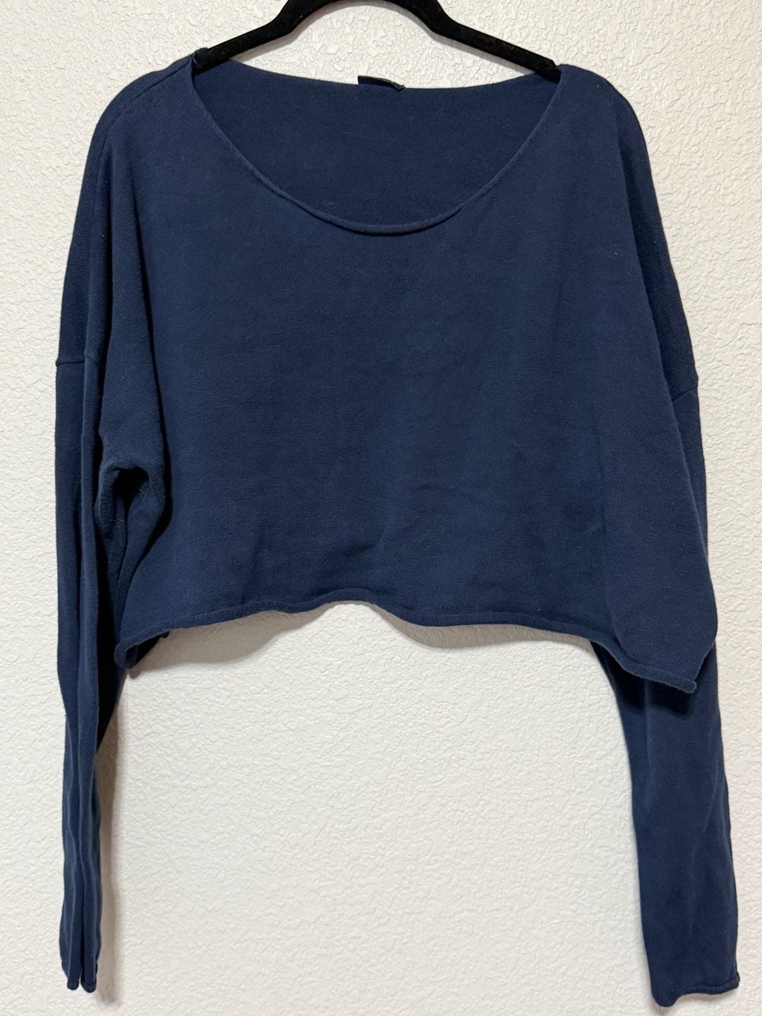 John Galt California Navy Crop Sweater One Size Blue Cotton Knit Scoop Neck 3