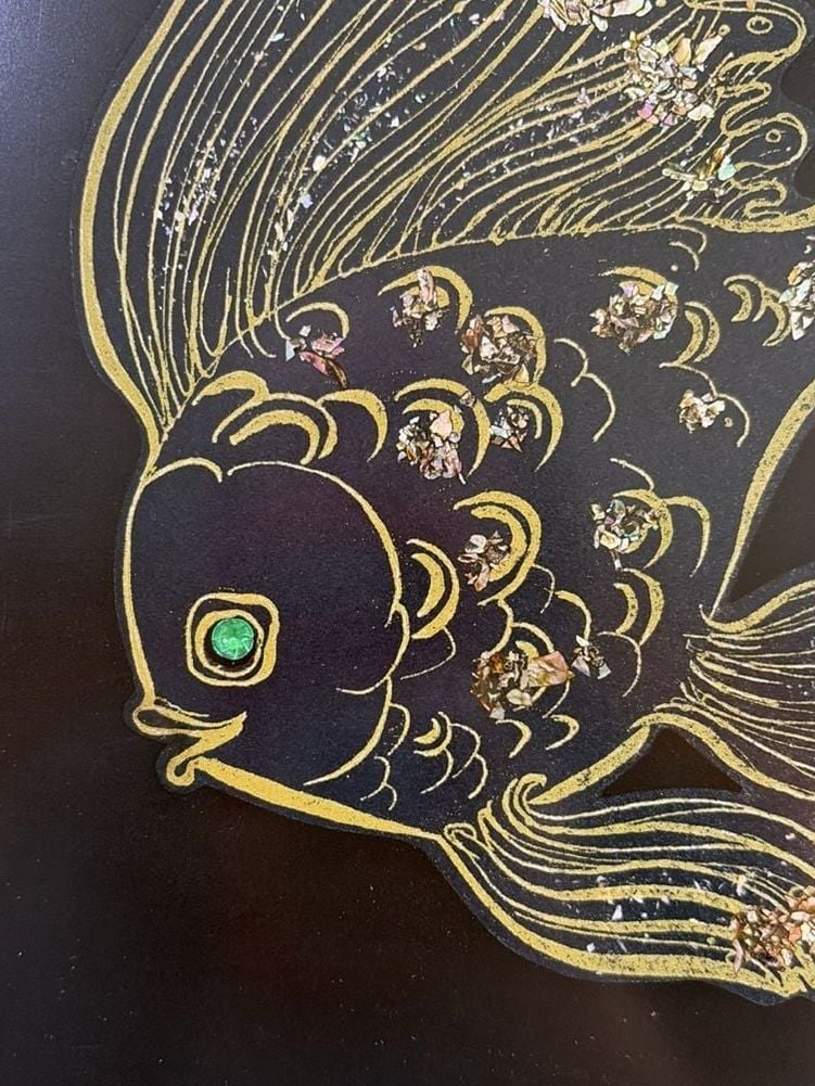 Couroc Serving Tray Size 12.5x8.5 Black Goldfish Fish Inlaid Design 5