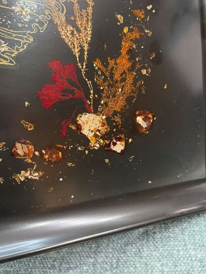 Couroc Serving Tray Size 12.5x8.5 Black Goldfish Fish Inlaid Design 6