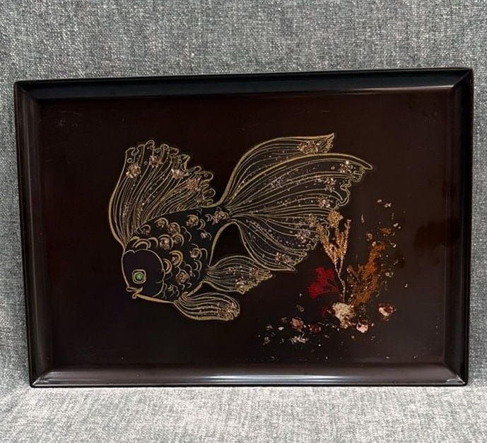 Couroc Serving Tray Size 12.5x8.5 Black Goldfish Fish Inlaid Design 1