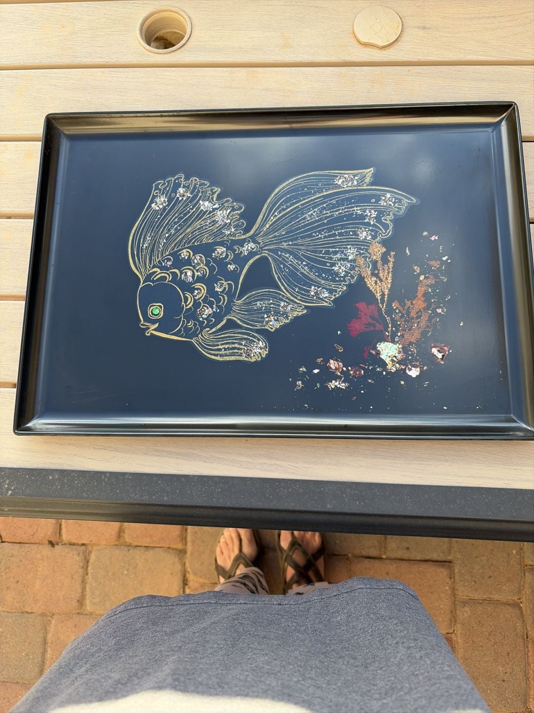 Couroc Serving Tray Size 12.5x8.5 Black Goldfish Fish Inlaid Design 11