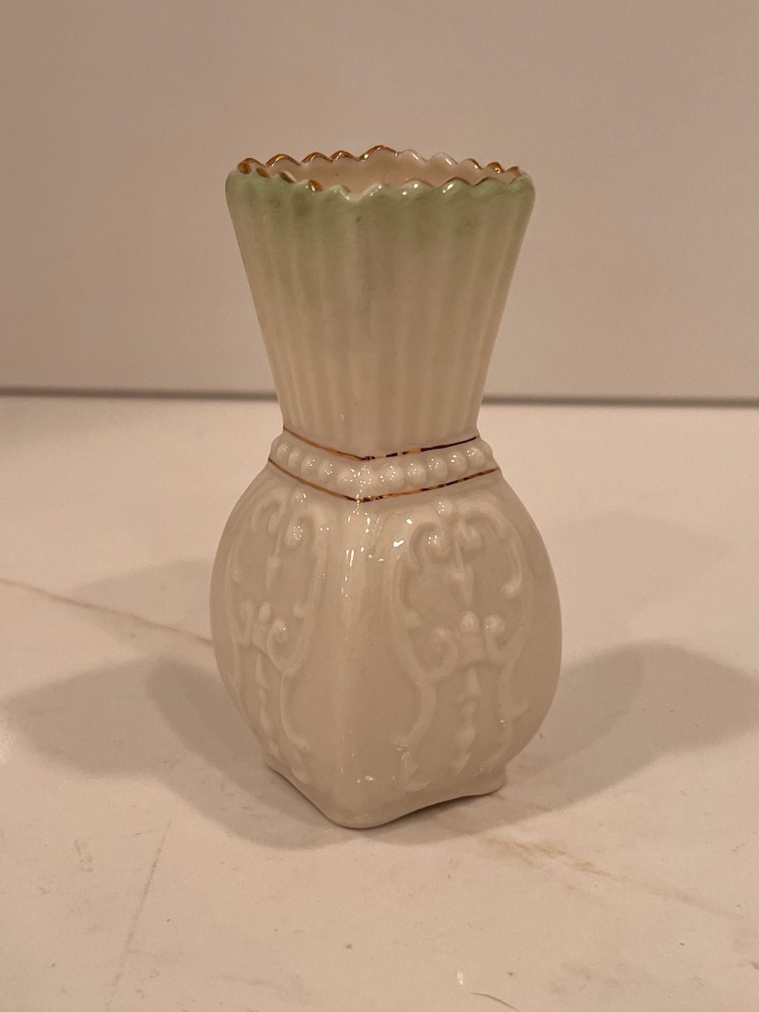 Belleek Toy Panel Vase Green Tint Gold Trim 1