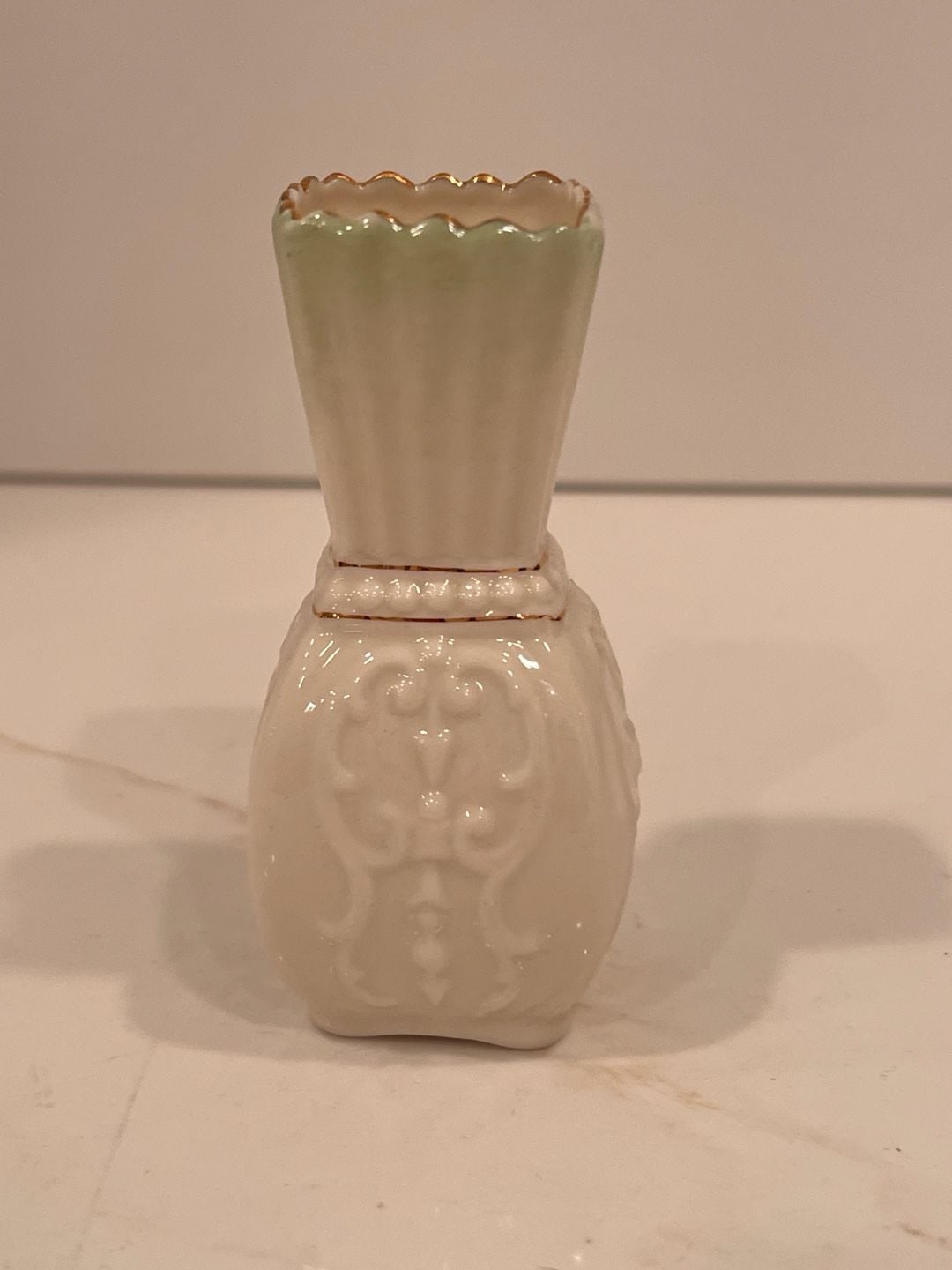 Belleek Toy Panel Vase Green Tint Gold Trim 2