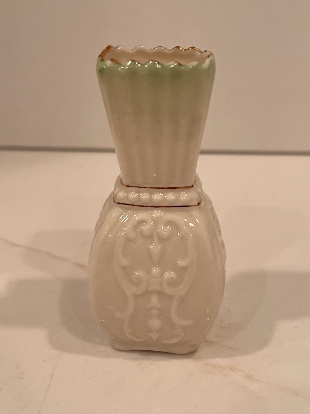 Belleek Toy Panel Vase Green Tint Gold Trim 3