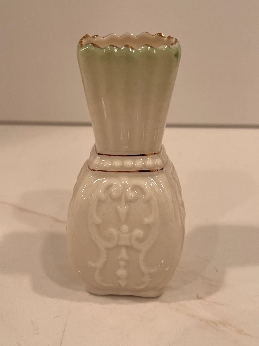 Belleek Toy Panel Vase Green Tint Gold Trim 4