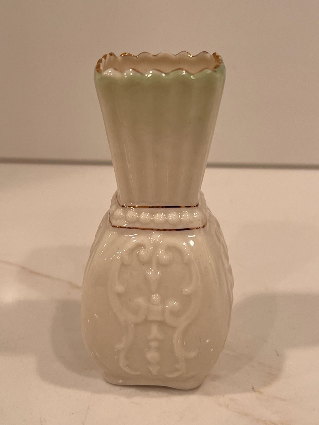 Belleek Toy Panel Vase Green Tint Gold Trim 5