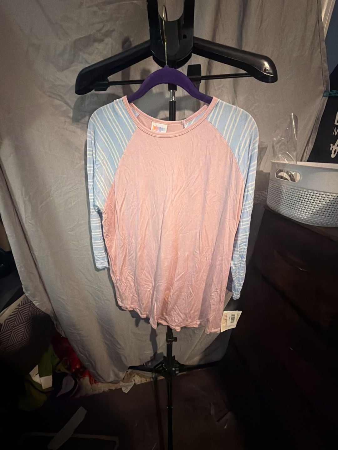 LuLaRoe Randy Size L Pink Blue Striped Raglan Tee 2