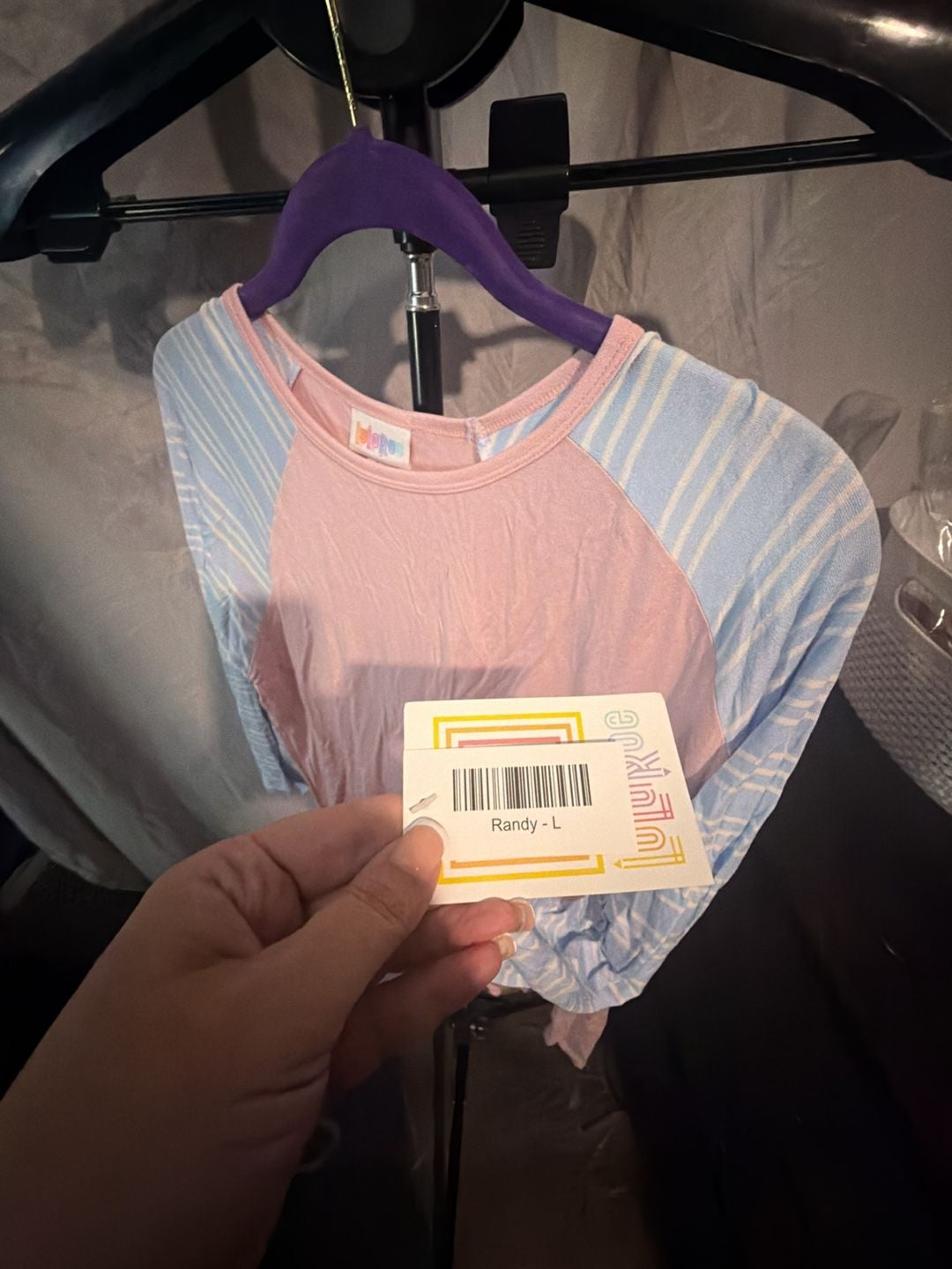 LuLaRoe Randy Size L Pink Blue Striped Raglan Tee 4