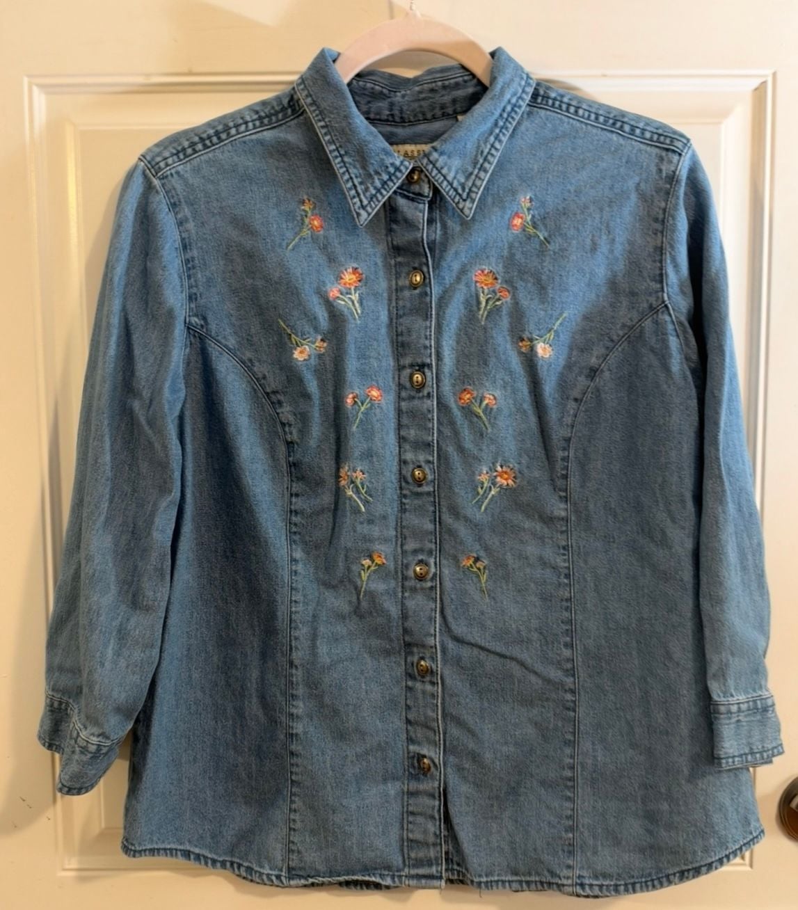 Vintage Floral Embroidered Chambray Denim Shirt 2