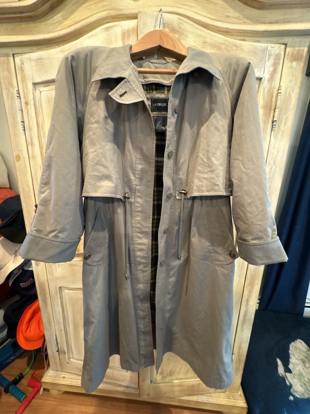 Outbrook Trench Coat Size 8P Khaki Plaid Lined Suede Trim 3