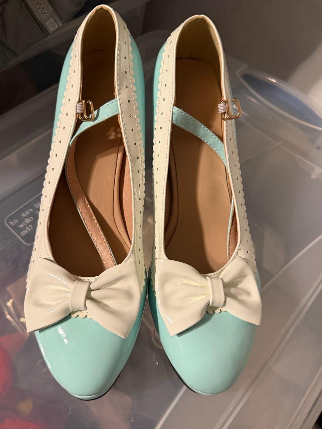 Mary Jane Pumps Size 41 Mint Green White Bow Heels 3