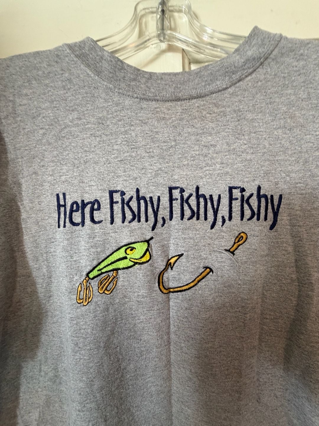 Anvil Here Fishy Fishy Fishy T-Shirt Size M Gray Fishing Graphic 3