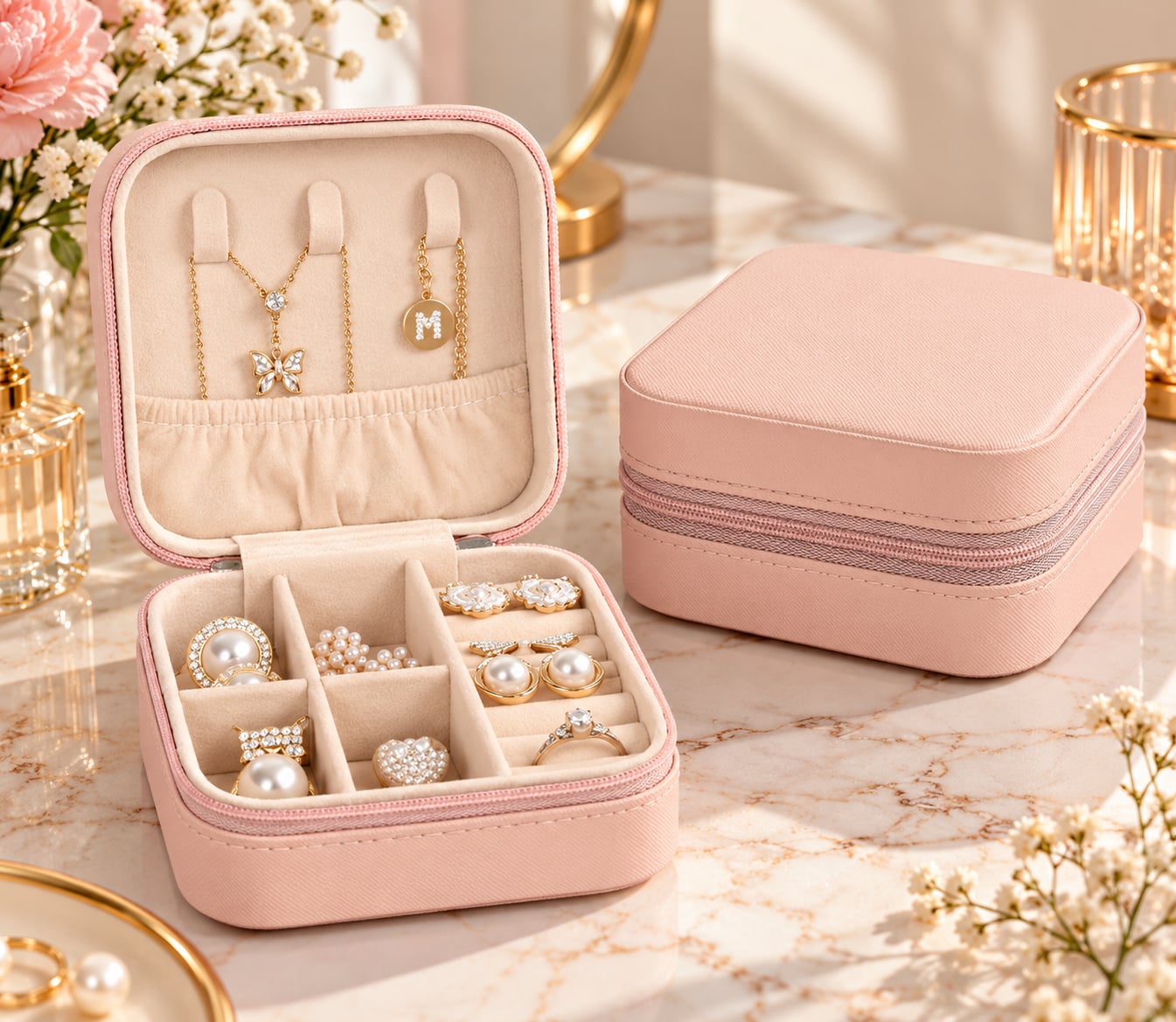 Portable Mini Travel PU Leather Jewelry Storage Box Pink 1