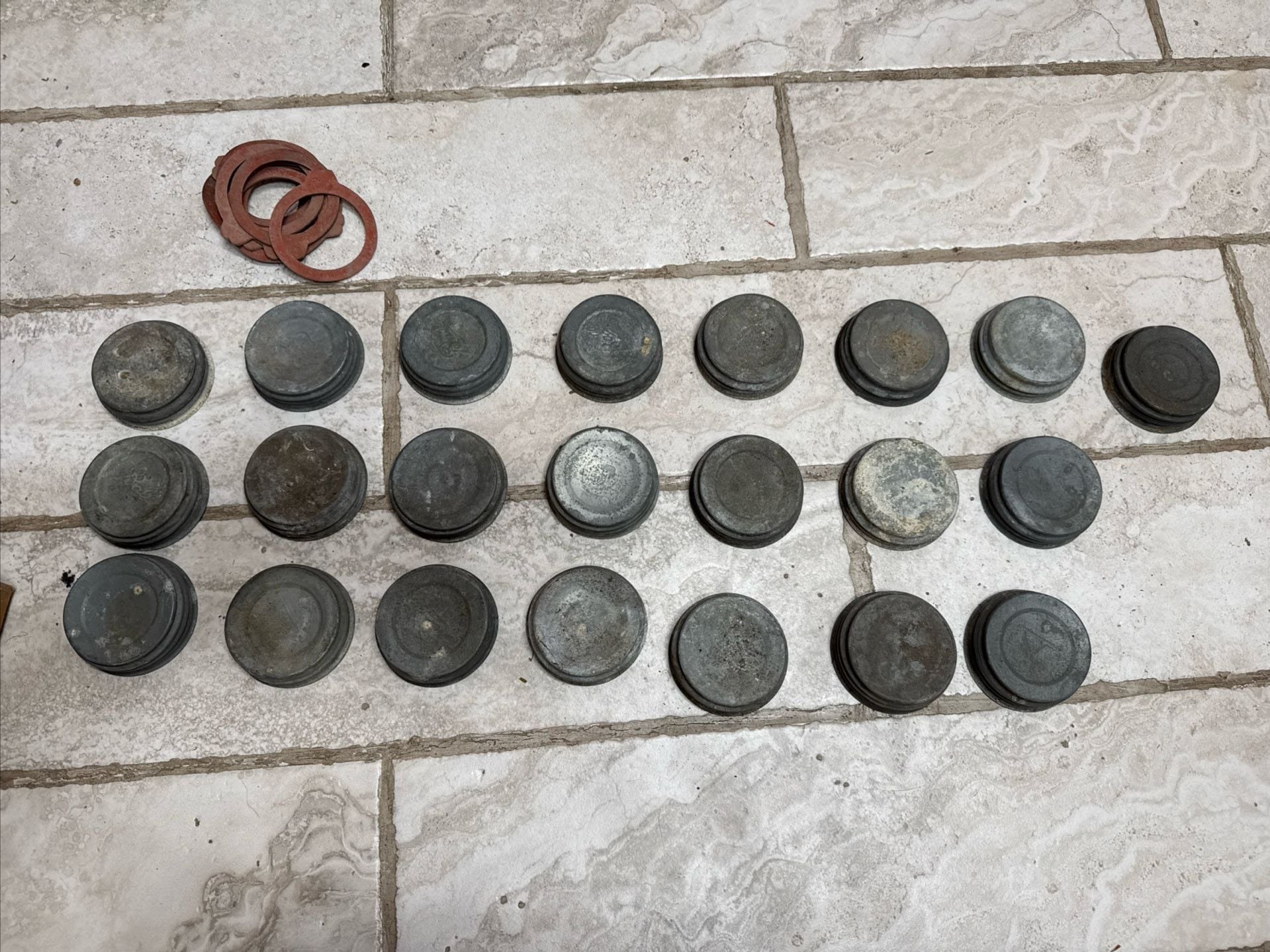 22 Vintage Mason Jar Zinc Lids and Red Rubber Gaskets Lot 1