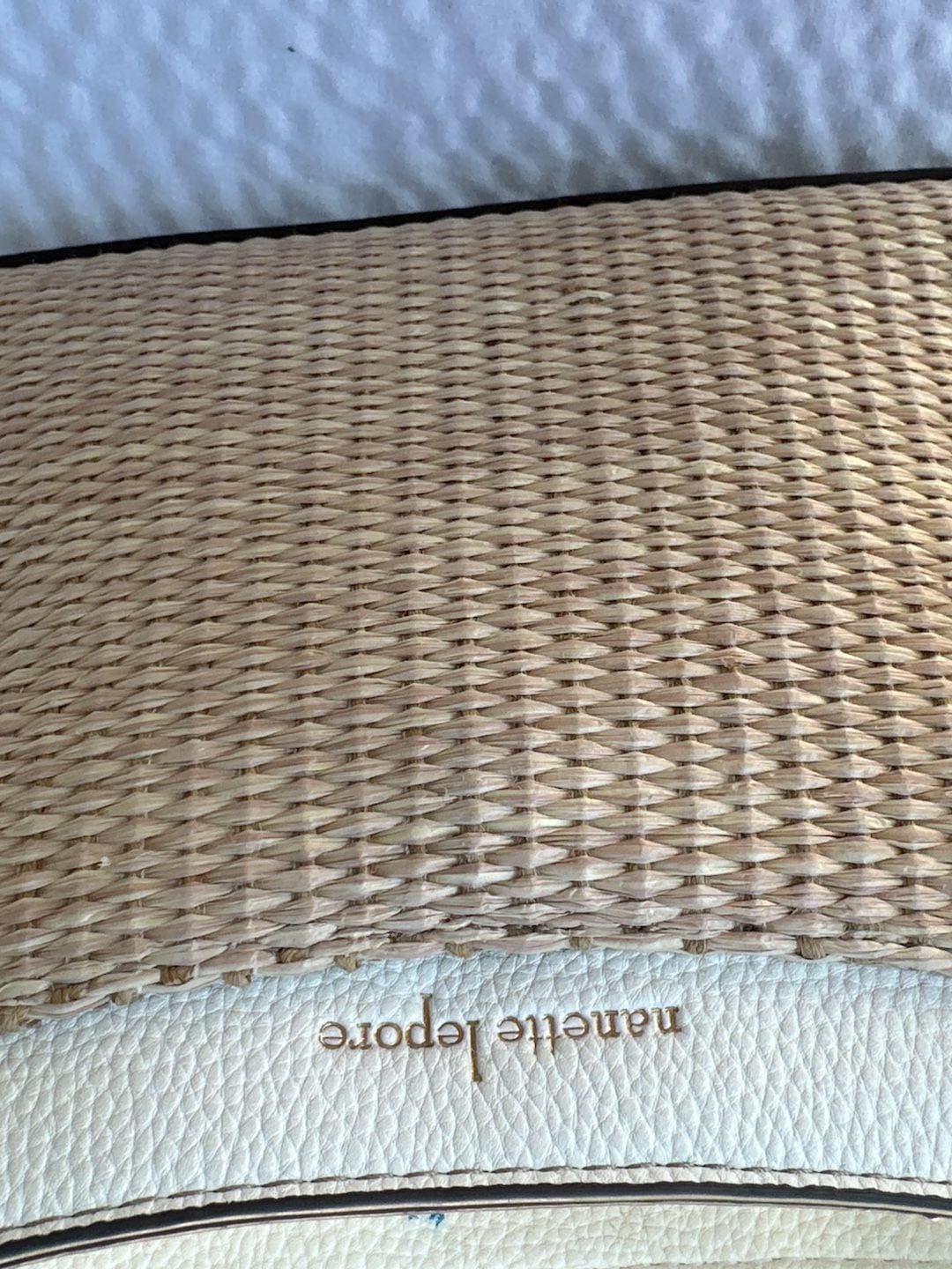 Nanette Lepore Shoulder Bag Beige Rattan Straw White Faux Leather 11
