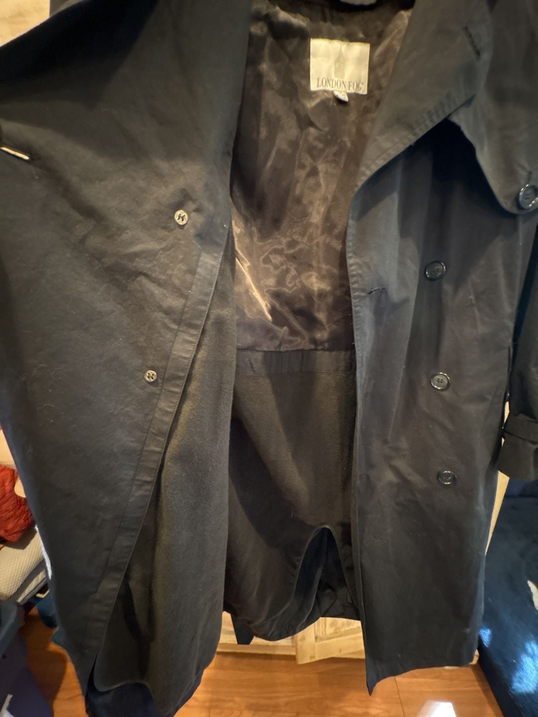 London Fog Trench Coat Size 38 Short Black Double Breasted Belted 5