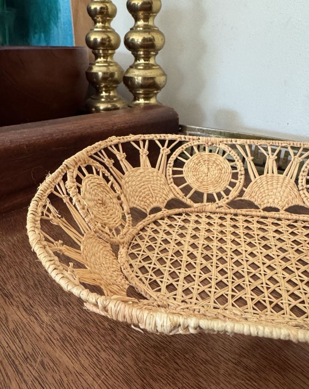 Vintage Hand Woven Straw Raffia Wicker Basket Oval Trinket Tray 2
