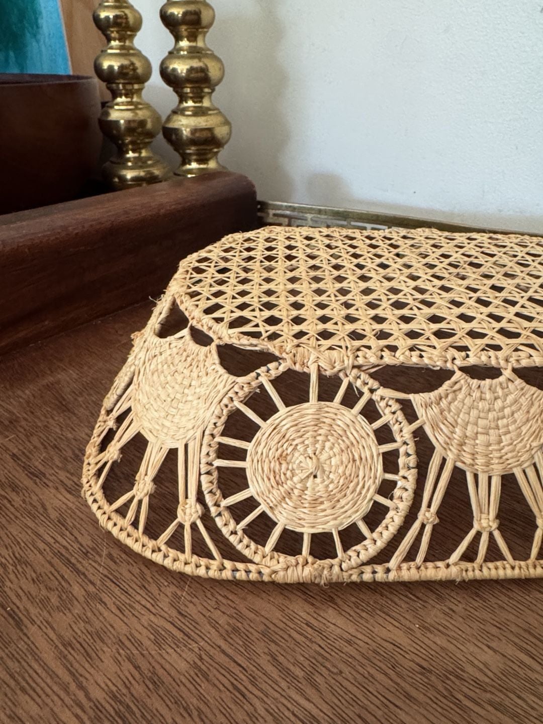 Vintage Hand Woven Straw Raffia Wicker Basket Oval Trinket Tray 5