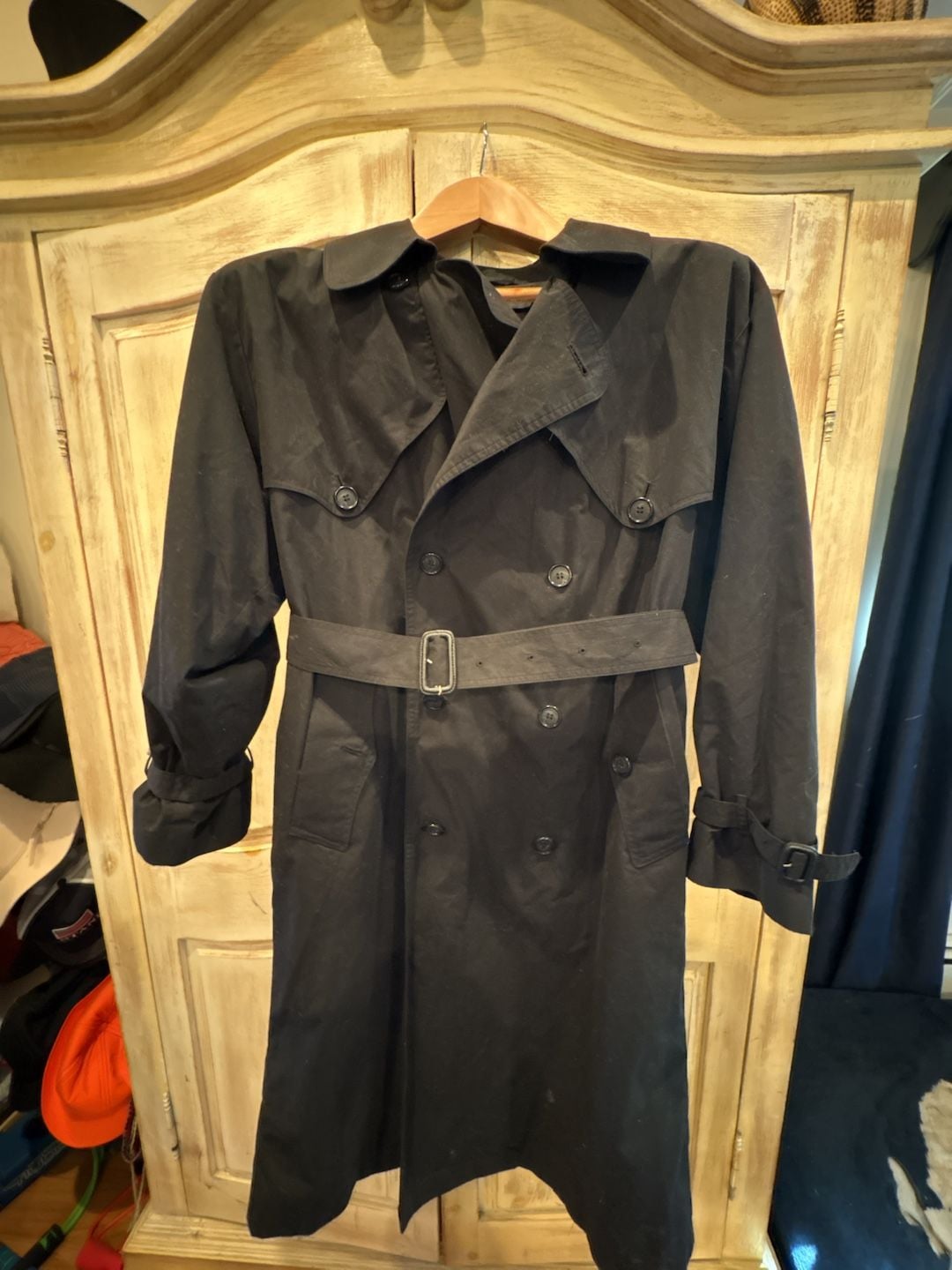 London Fog Trench Coat Size 38 Short Black Double Breasted Belted 6