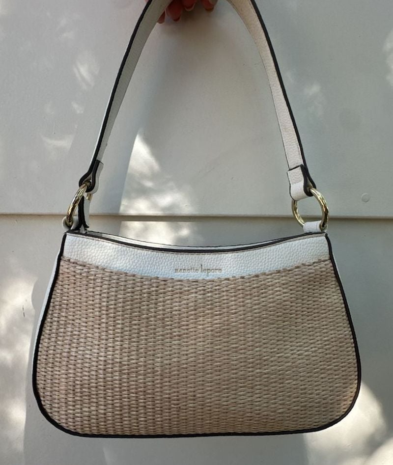 Nanette Lepore Shoulder Bag Beige Rattan Straw White Faux Leather 4