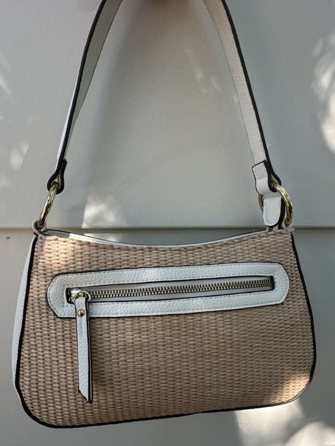 Nanette Lepore Shoulder Bag Beige Rattan Straw White Faux Leather 5