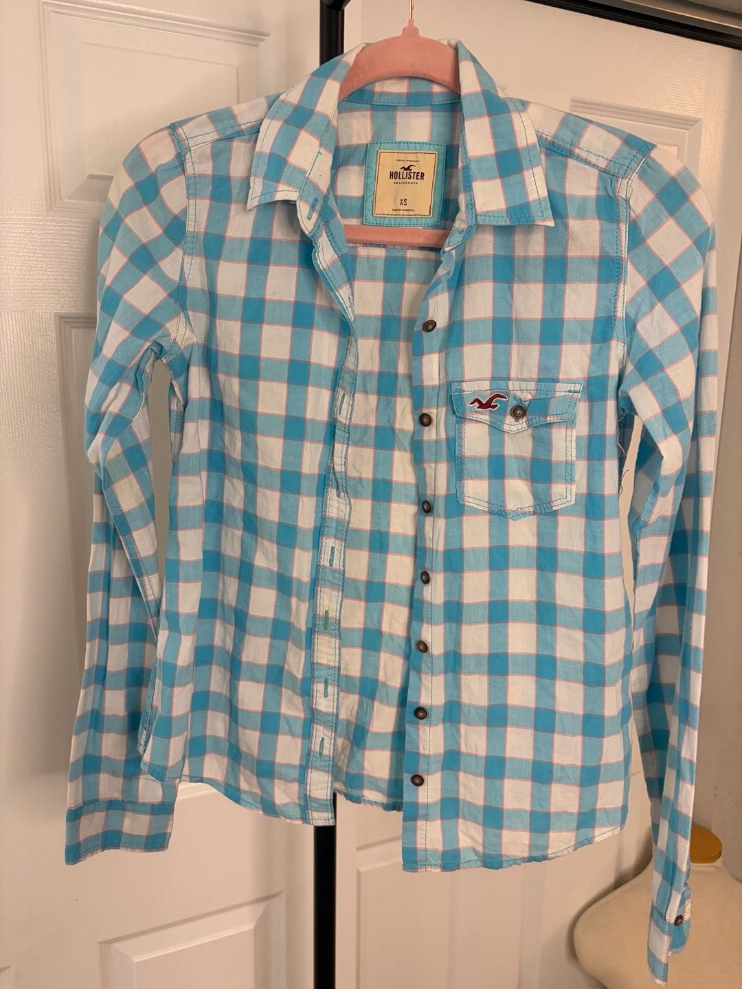 108-Hollister Plaid Long Sleeve Button Down Shirt Size XS Blue White 2