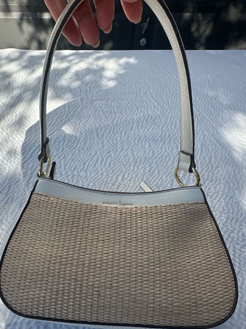 Nanette Lepore Shoulder Bag Beige Rattan Straw White Faux Leather 3