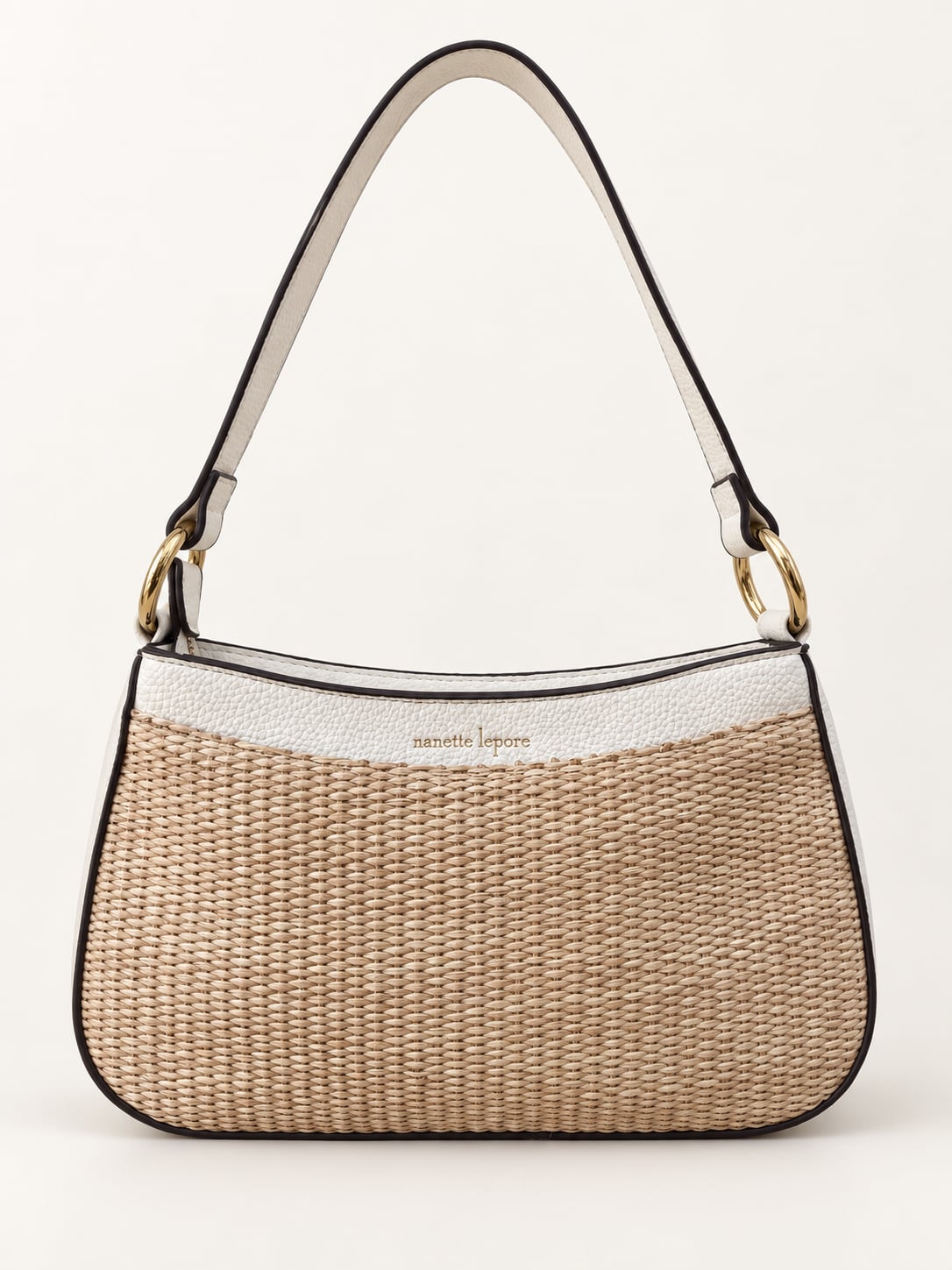 Nanette Lepore Shoulder Bag Beige Rattan Straw White Faux Leather 2