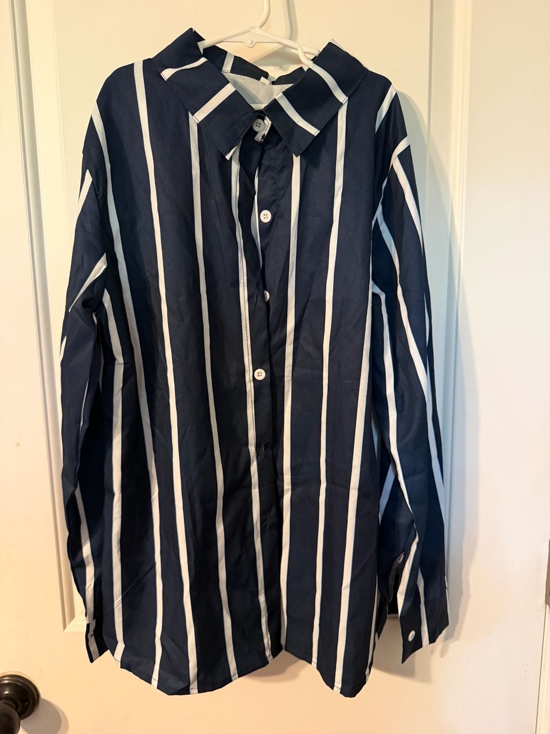 Blue and White Striped Button Down Shirt and Pants Set 1