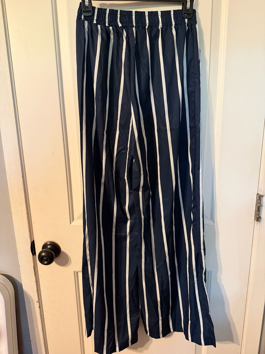 Blue and White Striped Button Down Shirt and Pants Set 4