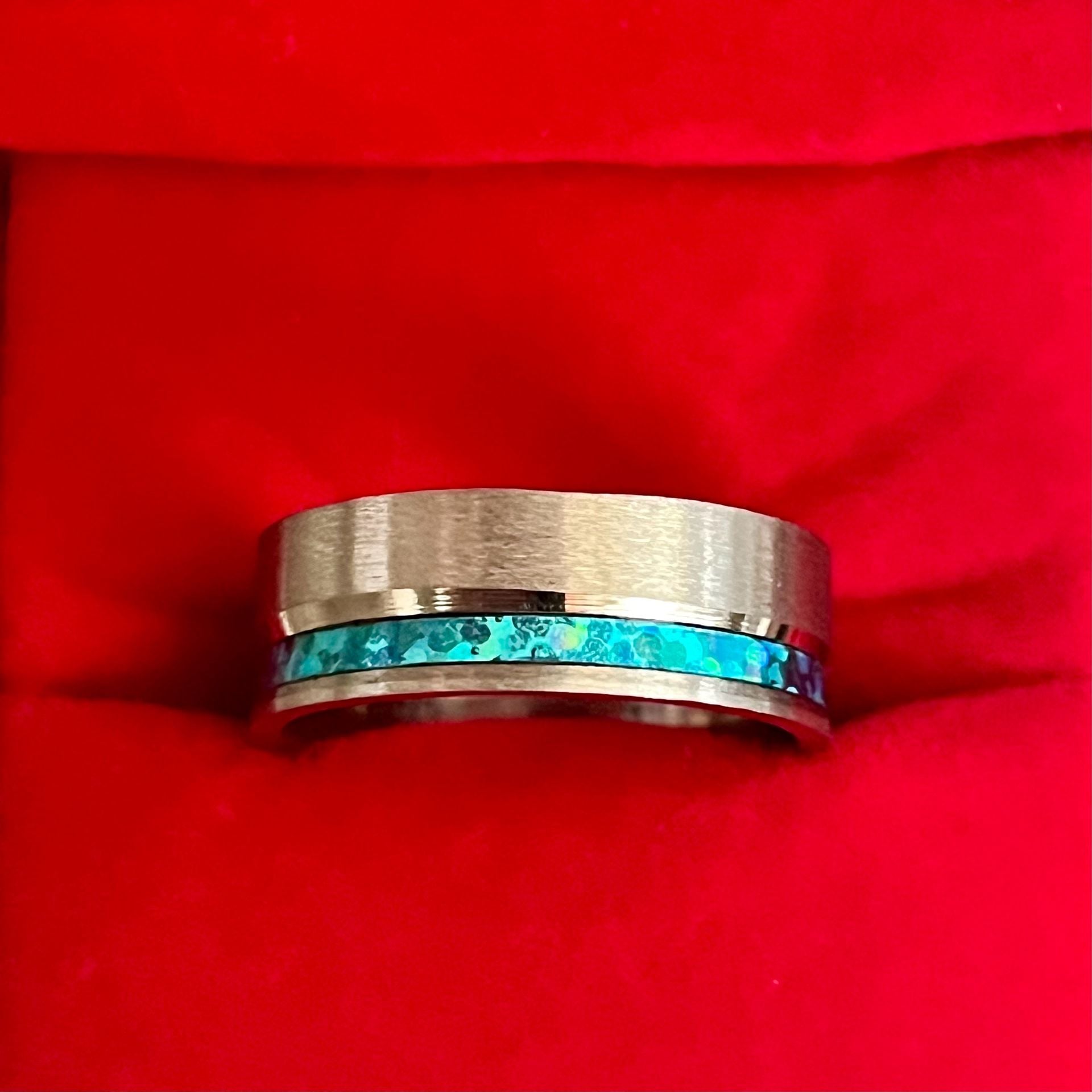 Tungsten Twin Band Ring Turquoise Opal Inlay Brushed 8mm Band Size 10 1