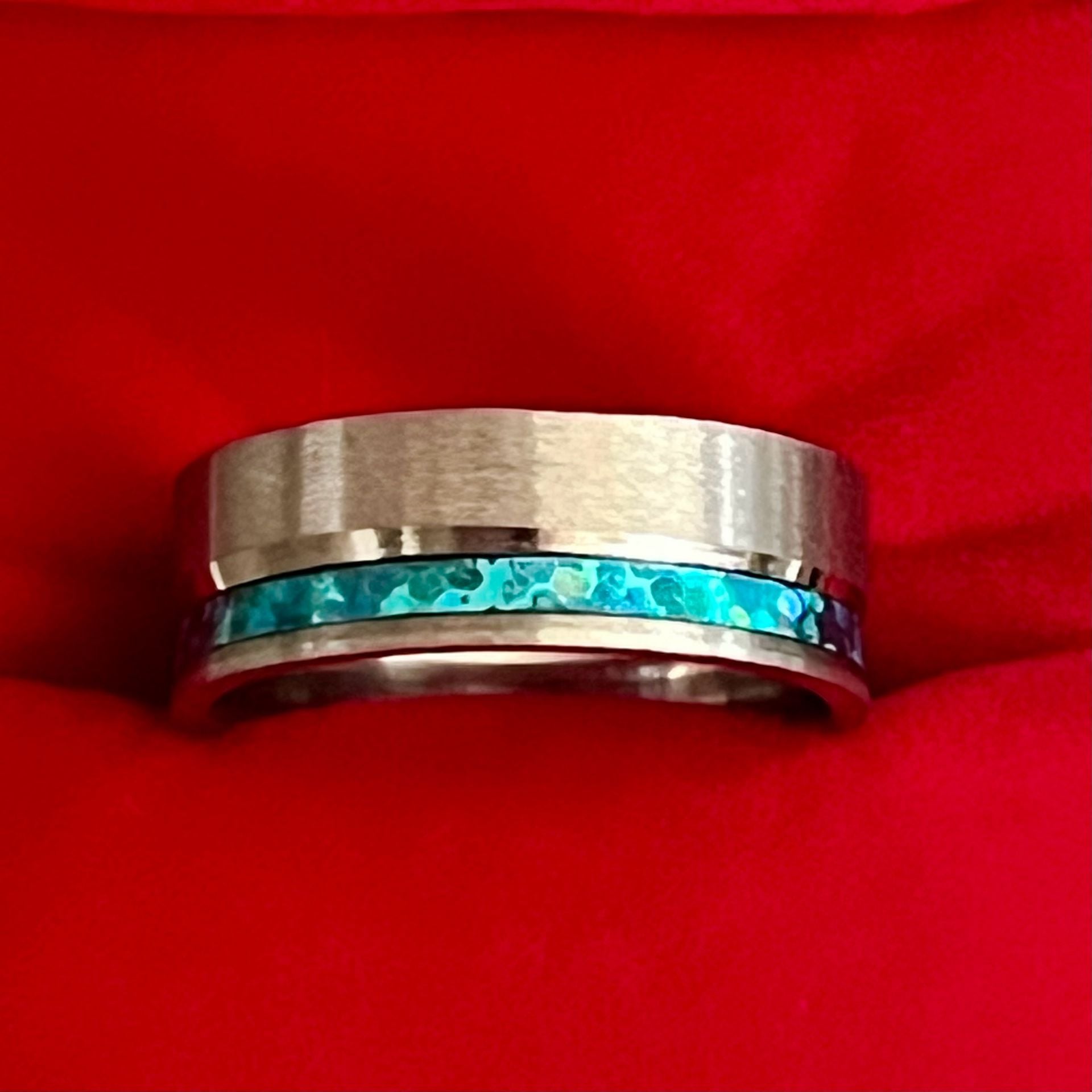 Tungsten Twin Band Ring Turquoise Opal Inlay Brushed 8mm Band Size 10 2