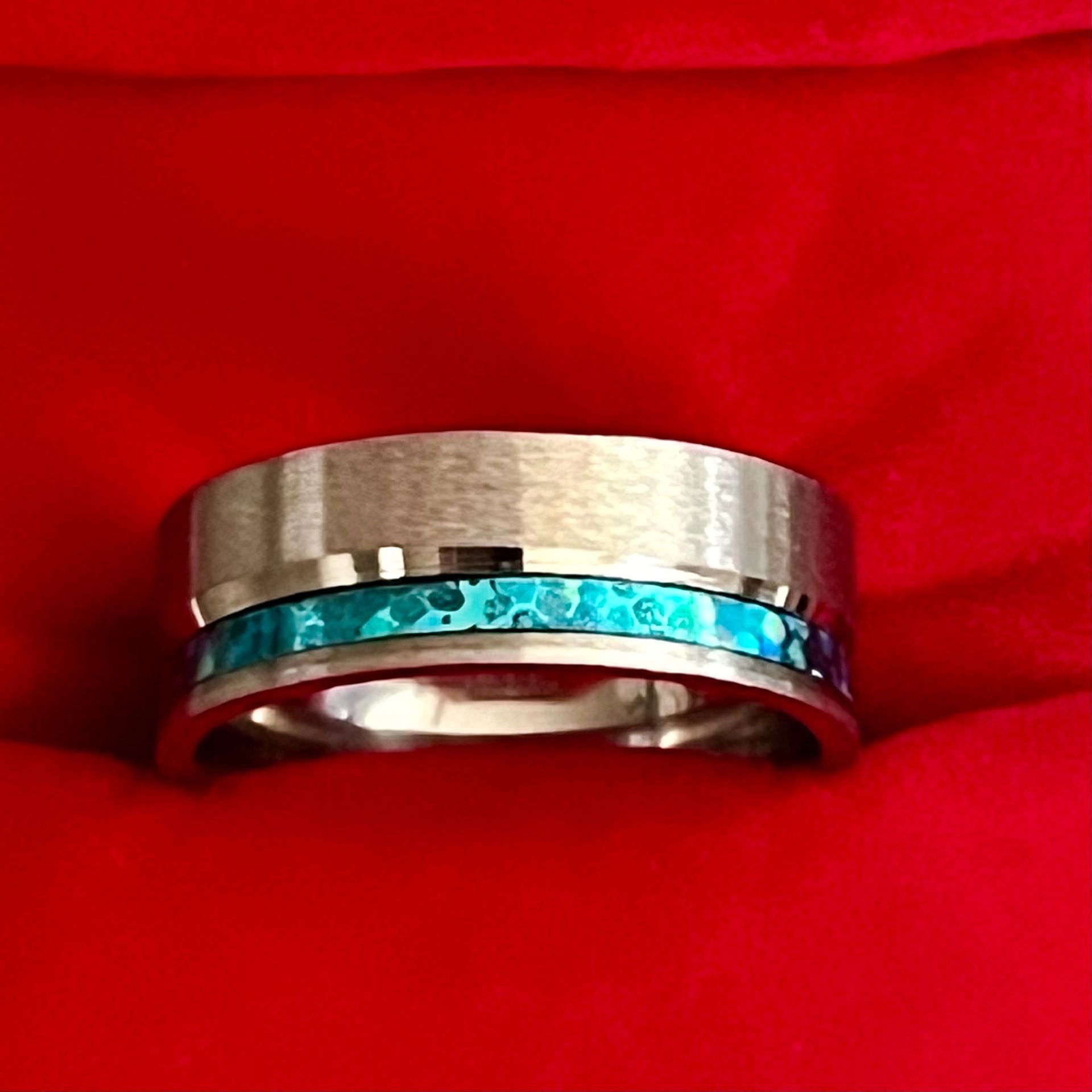 Tungsten Twin Band Ring Turquoise Opal Inlay Brushed 8mm Band Size 10 3