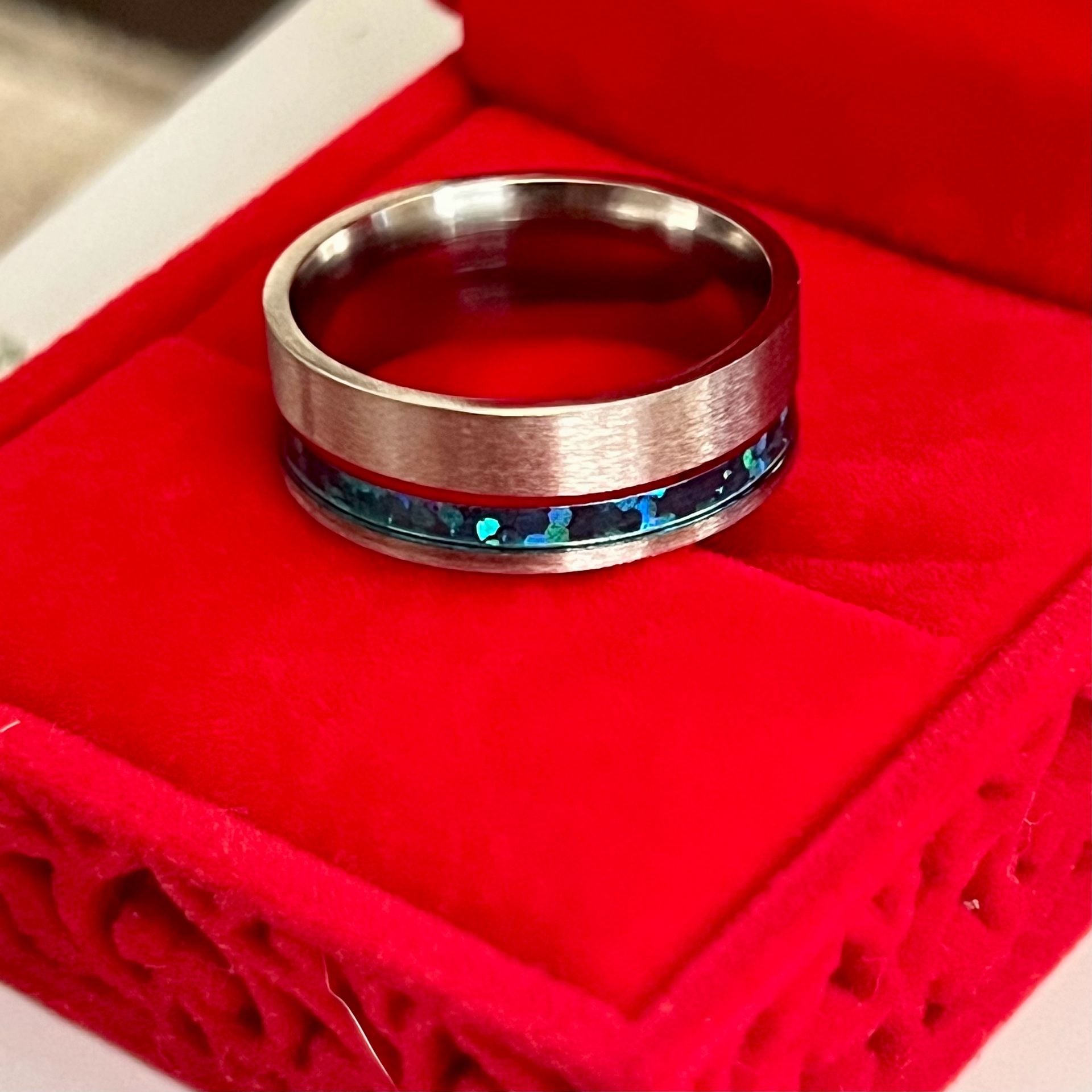 Tungsten Twin Band Ring Turquoise Opal Inlay Brushed 8mm Band Size 10 4