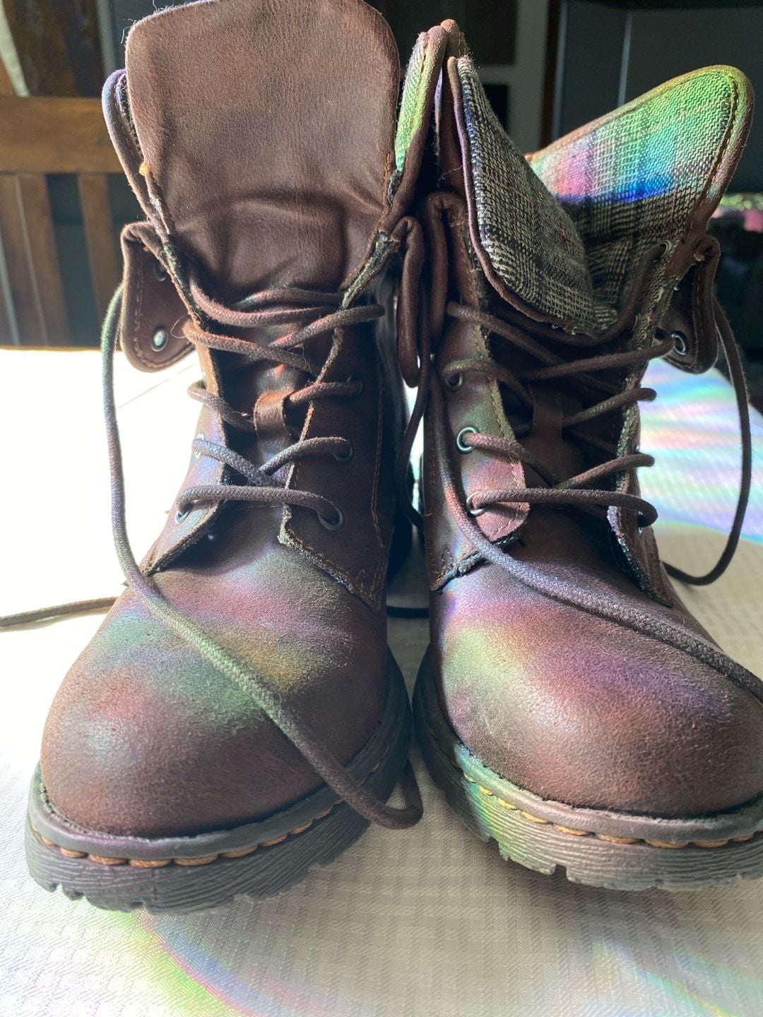 Born Combat Boots Brown Leather Plaid Cuff 2
