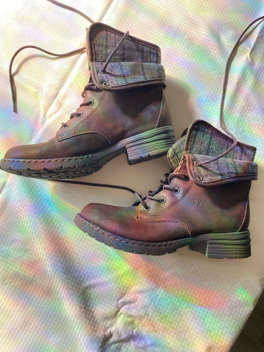 Born Combat Boots Brown Leather Plaid Cuff 3